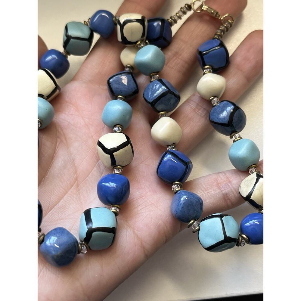 Vintage Cubic Ceramic Painted blue and white beads Chunky Artsian